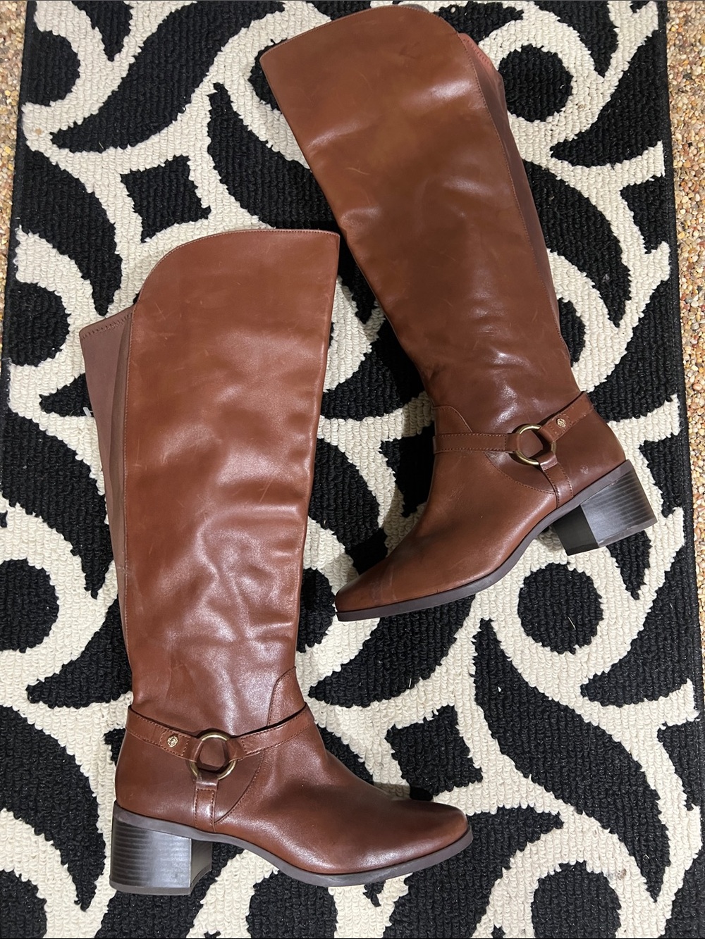 Anne Klein Brown Over-the-Knee Leather Boots with Ring Detail